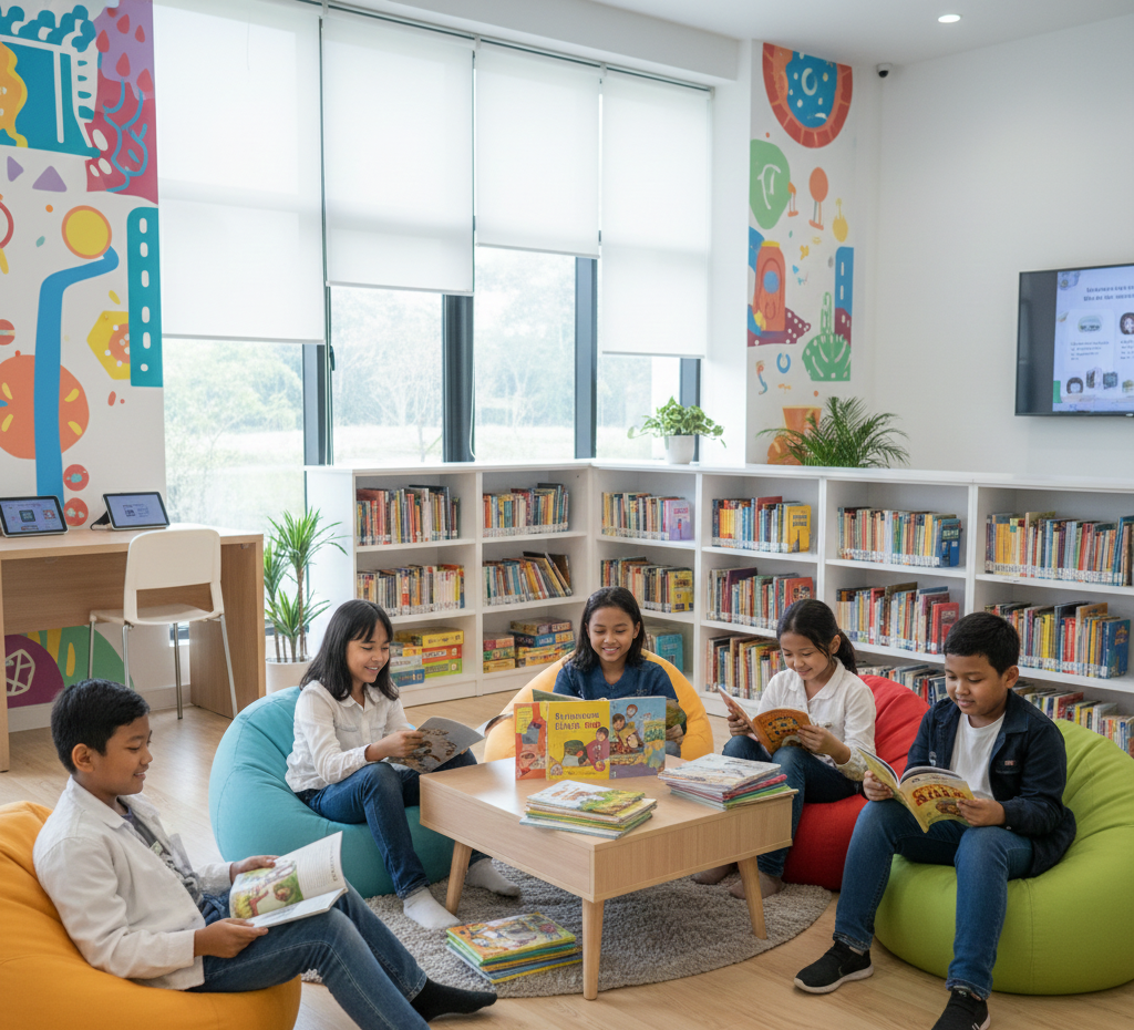Ilustrasi anak-anak membaca buku. (Dibuat menggunakan AI)